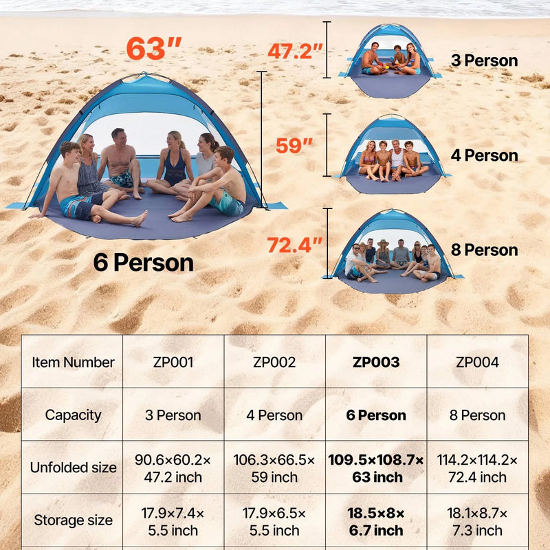 VEVOR pludmales telts nojume 6 personām ar UPF 50+ aizsardzību, pārnēsājama saules nojume ar pārnēsāšanas somu un smilšu kabatām, viegla un ātri uzstādāma, piemērota kempingam, makšķerēšanai un piknikiem brīvā dabā