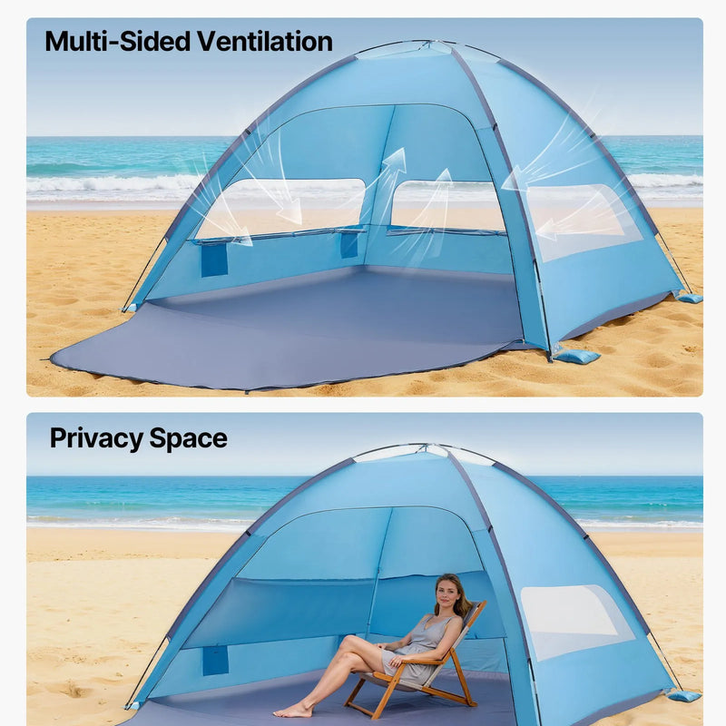 VEVOR pludmales telts nojume 8 personām ar UPF 50+ aizsardzību, pārnēsājama saules nojume ar pārnēsāšanas somu un smilšu kabatām, viegla un ātri uzstādāma, piemērota kempingam, makšķerēšanai un piknikiem brīvā dabā