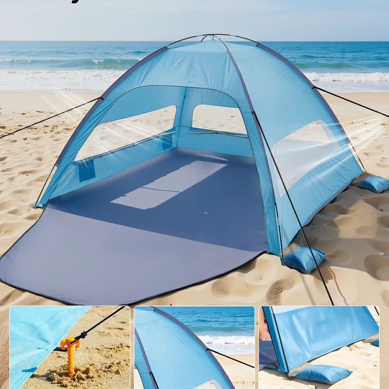VEVOR pludmales telts nojume 8 personām ar UPF 50+ aizsardzību, pārnēsājama saules nojume ar pārnēsāšanas somu un smilšu kabatām, viegla un ātri uzstādāma, piemērota kempingam, makšķerēšanai un piknikiem brīvā dabā