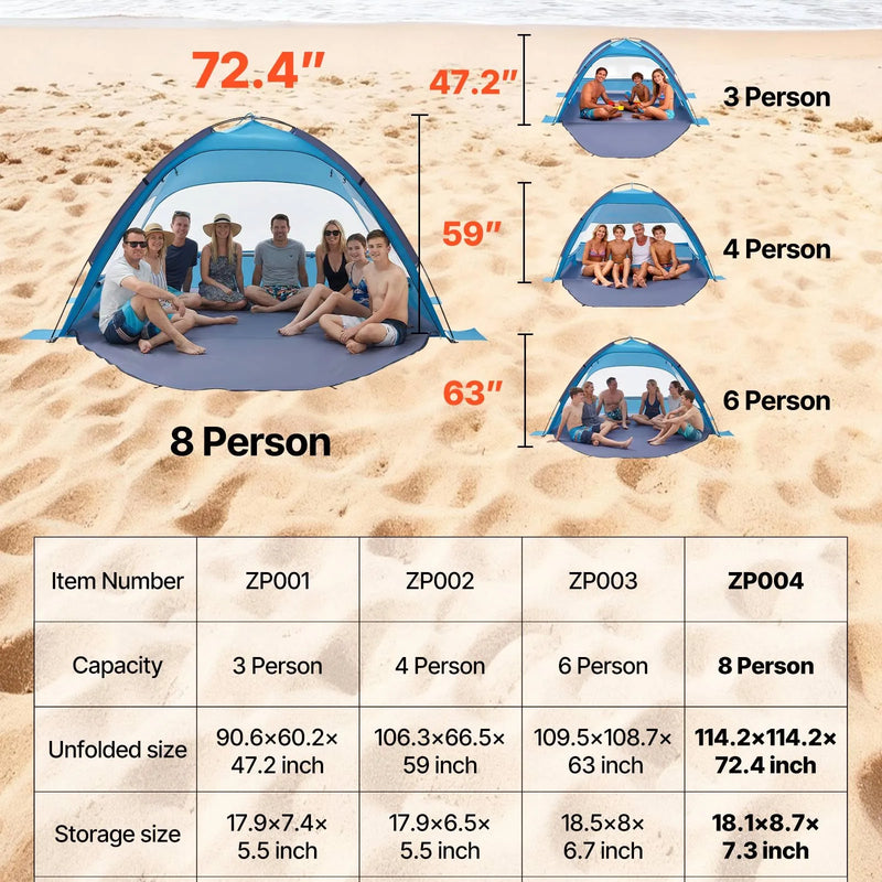 VEVOR pludmales telts nojume 8 personām ar UPF 50+ aizsardzību, pārnēsājama saules nojume ar pārnēsāšanas somu un smilšu kabatām, viegla un ātri uzstādāma, piemērota kempingam, makšķerēšanai un piknikiem brīvā dabā