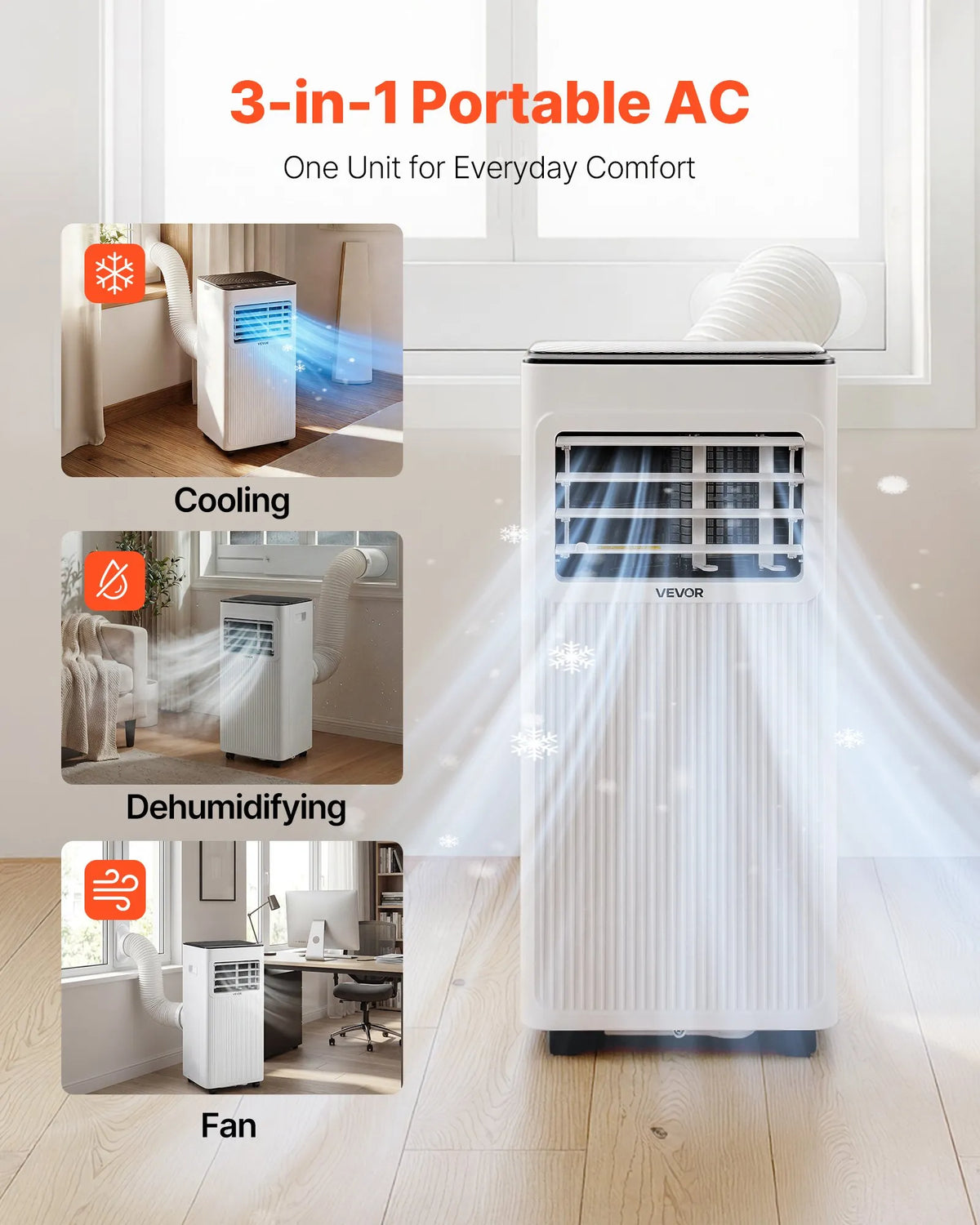 VEVOR portatīvais gaisa kondicionieris 2,6 kW, 3 - in - 1 stāvošs dzesēšanas iekārta ar LED skārienpaneli un tālvadības pulti, 24 h taimeris, dzesēšana/mitruma samazināšana/ventilators, energoefektivitāte A, balts - ZEMLETES.LV