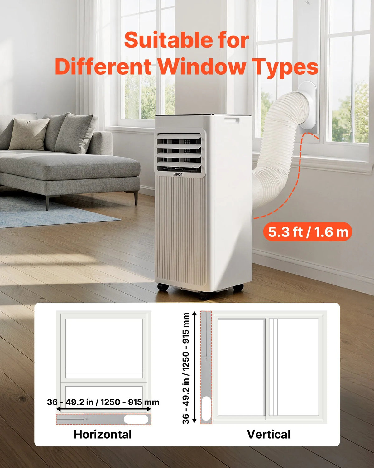 VEVOR portatīvais gaisa kondicionieris 2,6 kW, 3 - in - 1 stāvošs dzesēšanas iekārta ar LED skārienpaneli un tālvadības pulti, 24 h taimeris, dzesēšana/mitruma samazināšana/ventilators, energoefektivitāte A, balts - ZEMLETES.LV
