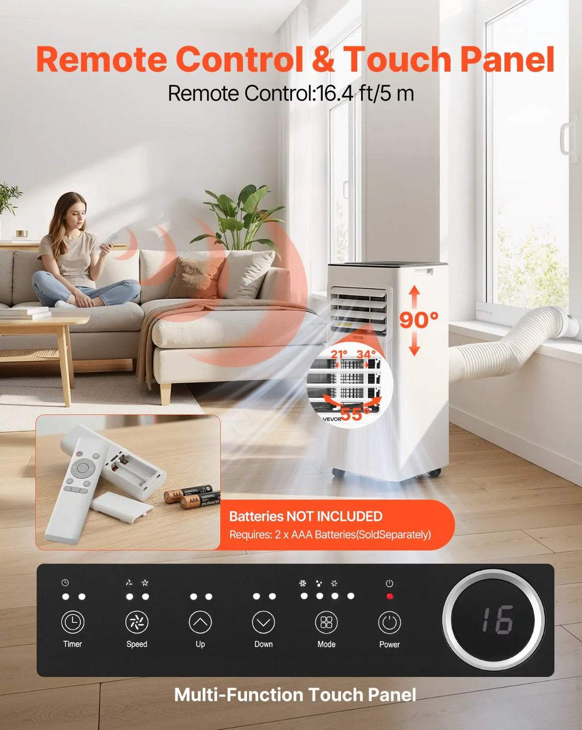 VEVOR portatīvais gaisa kondicionieris 2,6 kW, 3 - in - 1 stāvošs dzesēšanas iekārta ar LED skārienpaneli un tālvadības pulti, 24 h taimeris, dzesēšana/mitruma samazināšana/ventilators, energoefektivitāte A, balts - ZEMLETES.LV