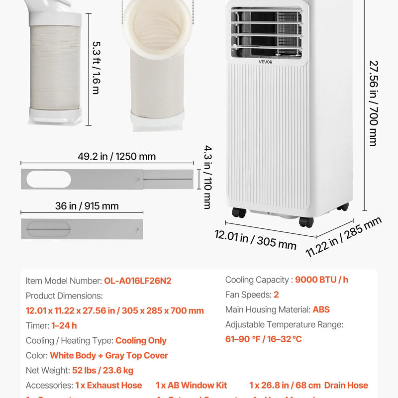 VEVOR portatīvais gaisa kondicionieris 2,6 kW, 3 - in - 1 stāvošs dzesēšanas iekārta ar LED skārienpaneli un tālvadības pulti, 24 h taimeris, dzesēšana/mitruma samazināšana/ventilators, energoefektivitāte A, balts - ZEMLETES.LV