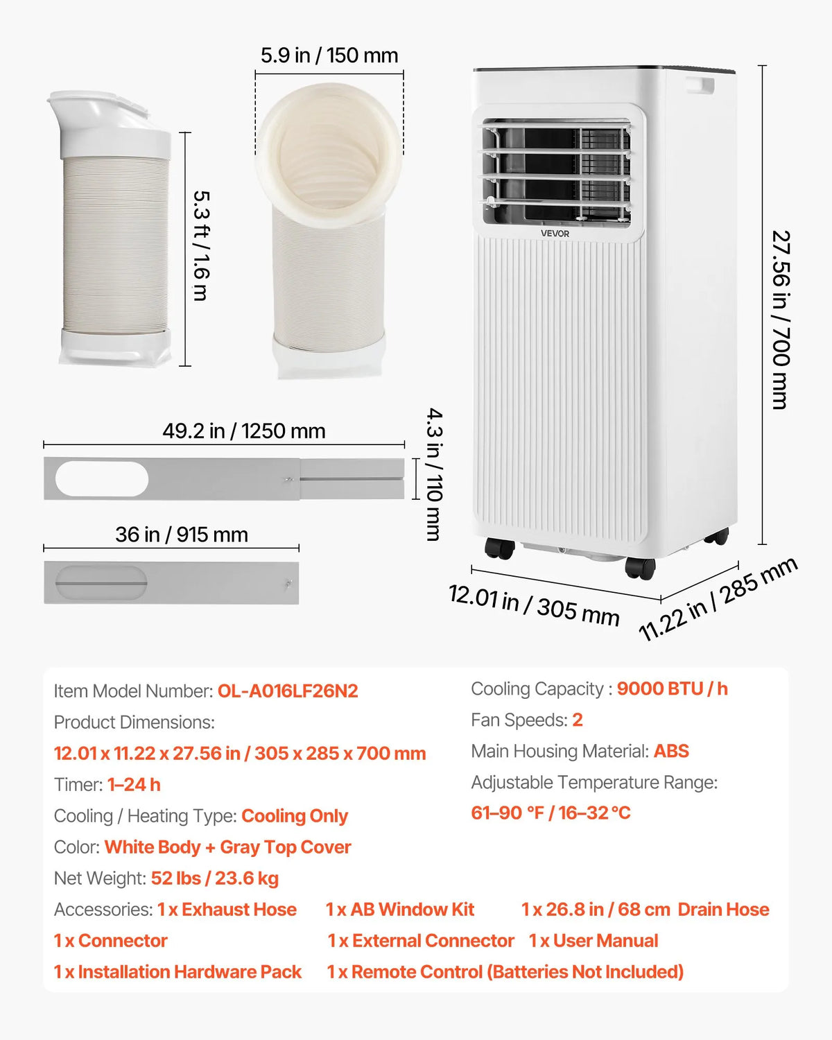 VEVOR portatīvais gaisa kondicionieris 2,6 kW, 3 - in - 1 stāvošs dzesēšanas iekārta ar LED skārienpaneli un tālvadības pulti, 24 h taimeris, dzesēšana/mitruma samazināšana/ventilators, energoefektivitāte A, balts - ZEMLETES.LV