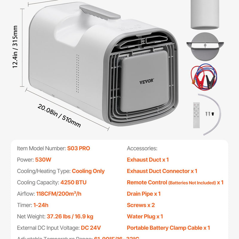 VEVOR pārnēsājamais kondicionieris 4250 BTU, DC 24 V / AC, piemērots teltīm un kempingam