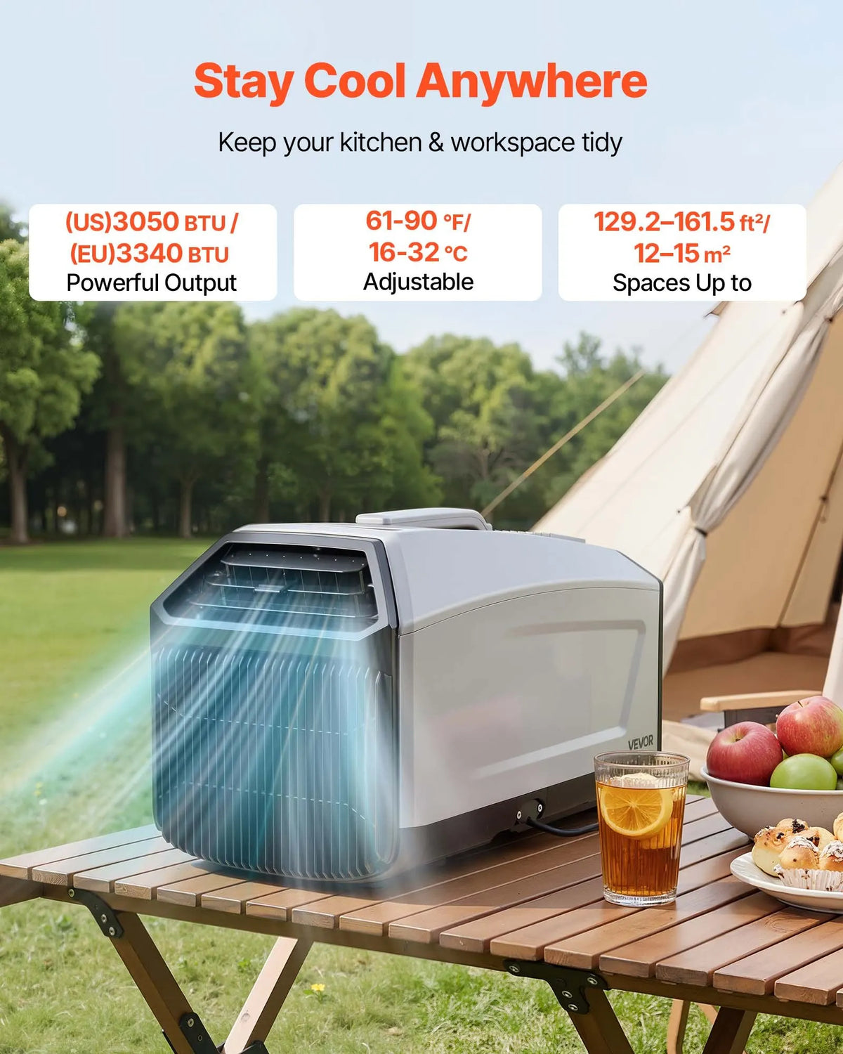 VEVOR pārnēsājams kempinga gaisa kondicionieris, 980 W, ar šļūteni, pulti un skārienvadību, 16–32 °C, 150 m³/h, tumši pelēks