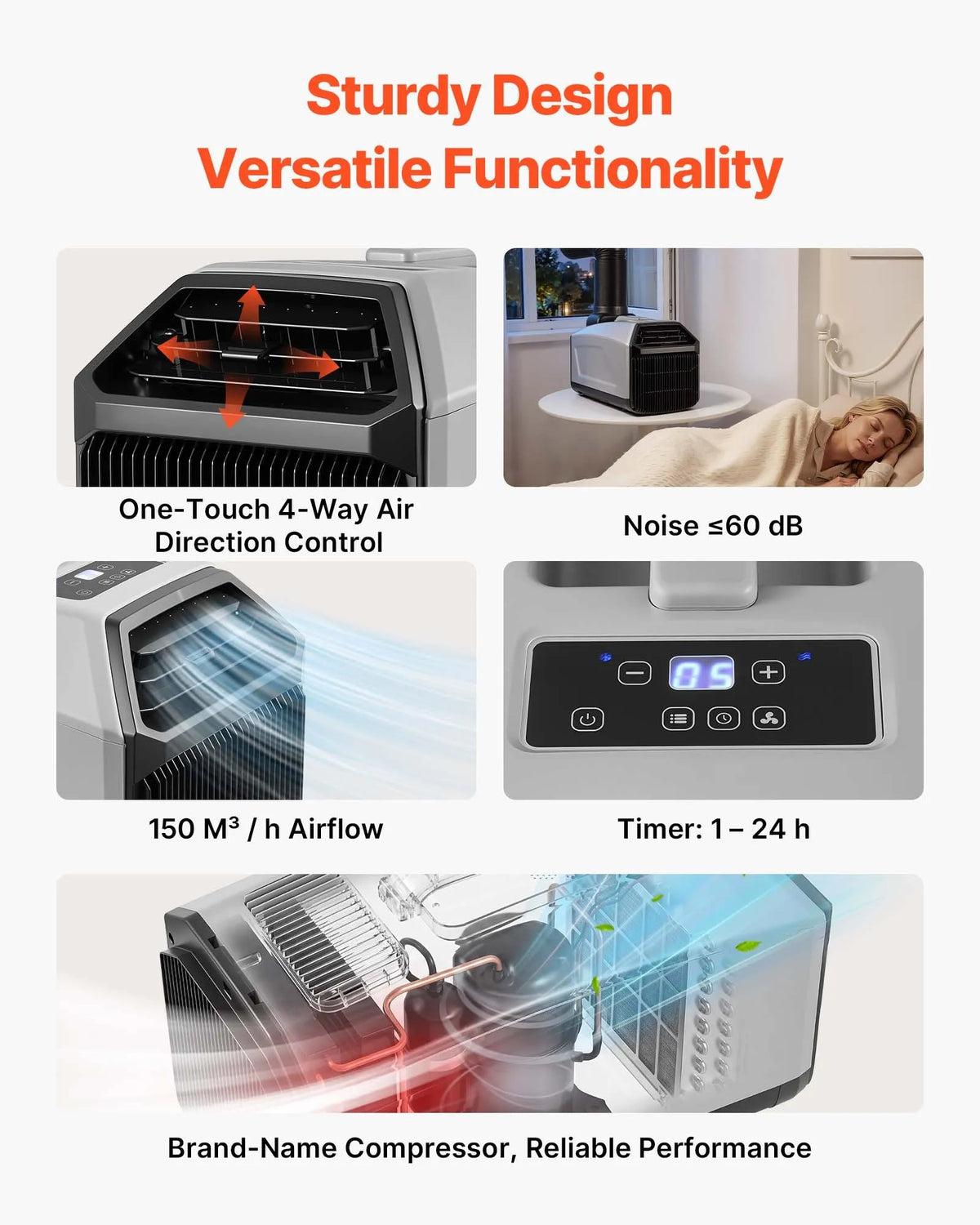 VEVOR pārnēsājams kempinga gaisa kondicionieris, 980 W, ar šļūteni, pulti un skārienvadību, 16–32 °C, 150 m³/h, tumši pelēks