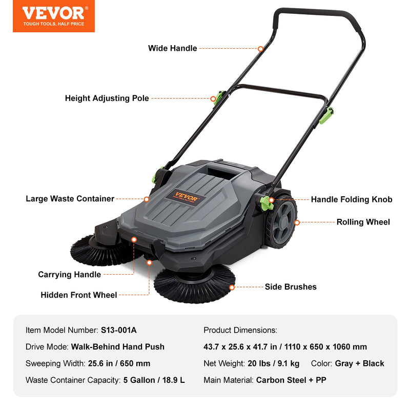 VEVOR rokas grīdas slaucītājs ar 65 cm darba platumu, manuāls, bez elektrības, ar 19 litru atkritumu tvertni, regulējamu roktura leņķi un augstumu, salokāms rokturis, piemērots celiņiem, pagalmam, garāžai, terasei