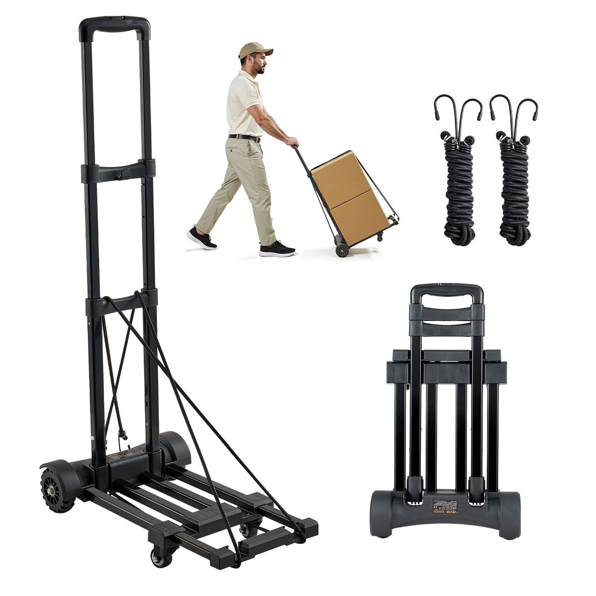 Folding Hand Truck, 131.5 kg Load Capacity, 4 Wheels, 2 Elastic Straps and Expandable Base, Universal Platform for Luggage, Office Moving and Airport Travel, Black