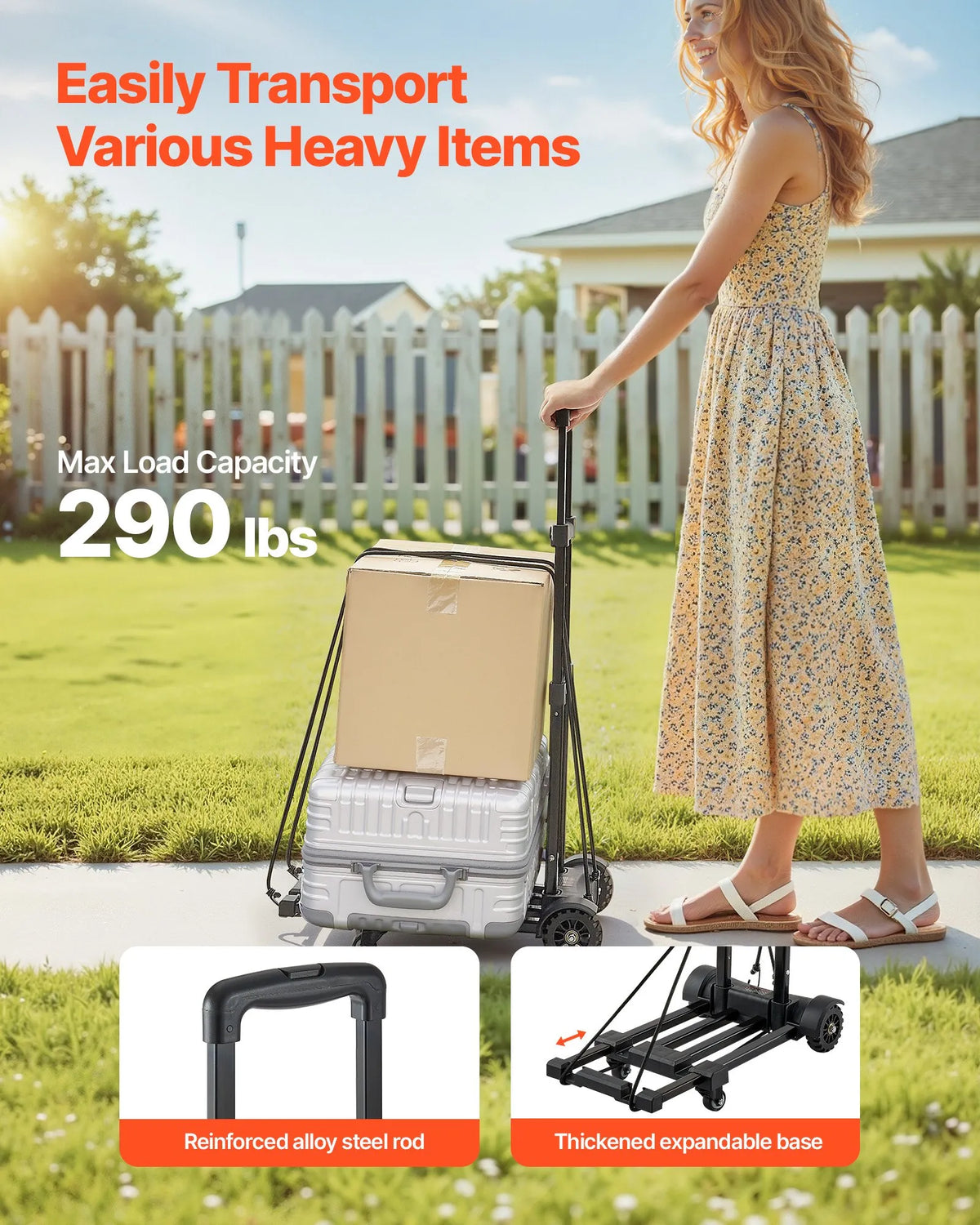 Folding Hand Truck, 131.5 kg Load Capacity, 4 Wheels, 2 Elastic Straps and Expandable Base, Universal Platform for Luggage, Office Moving and Airport Travel, Black