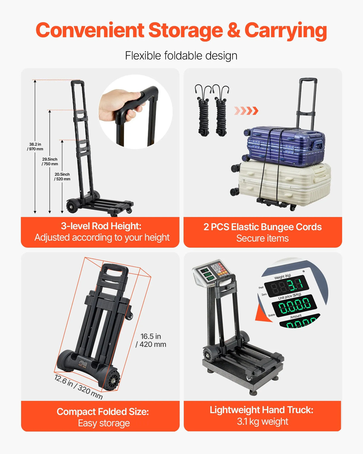 Folding Hand Truck, 131.5 kg Load Capacity, 4 Wheels, 2 Elastic Straps and Expandable Base, Universal Platform for Luggage, Office Moving and Airport Travel, Black