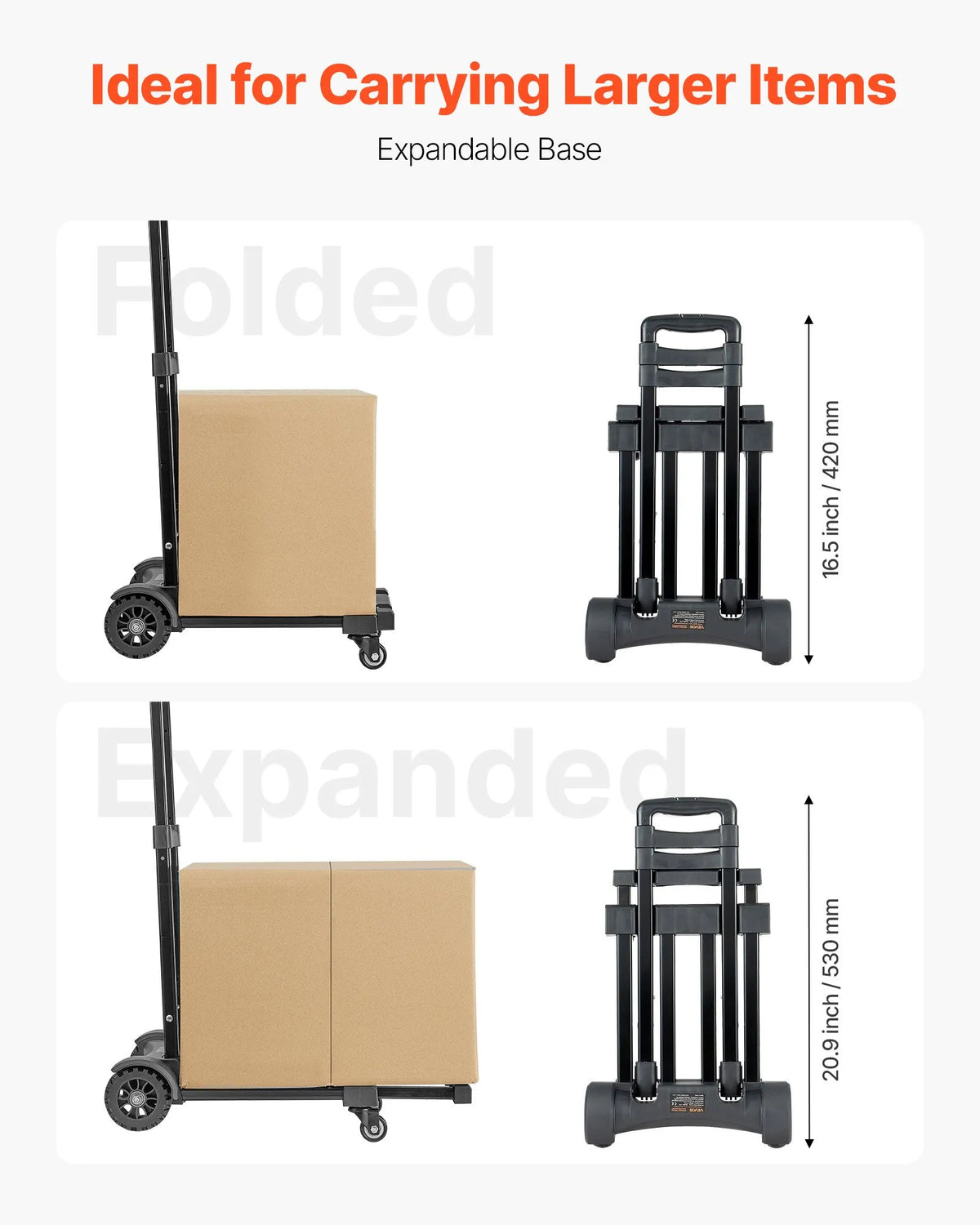 Folding Hand Truck, 131.5 kg Load Capacity, 4 Wheels, 2 Elastic Straps and Expandable Base, Universal Platform for Luggage, Office Moving and Airport Travel, Black