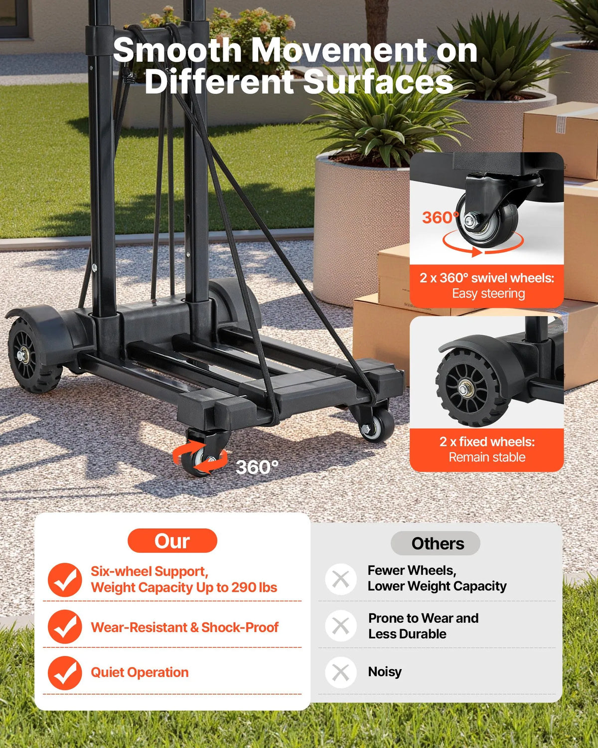 Folding Hand Truck, 131.5 kg Load Capacity, 4 Wheels, 2 Elastic Straps and Expandable Base, Universal Platform for Luggage, Office Moving and Airport Travel, Black