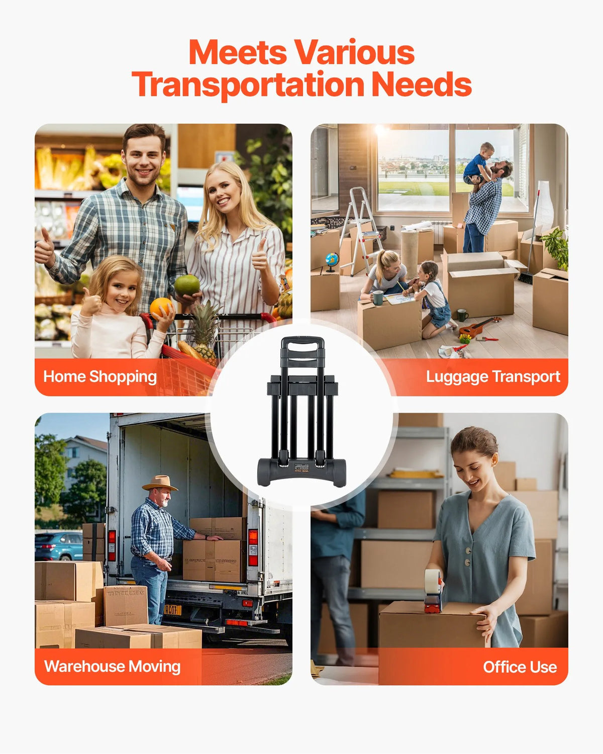 Folding Hand Truck, 131.5 kg Load Capacity, 4 Wheels, 2 Elastic Straps and Expandable Base, Universal Platform for Luggage, Office Moving and Airport Travel, Black