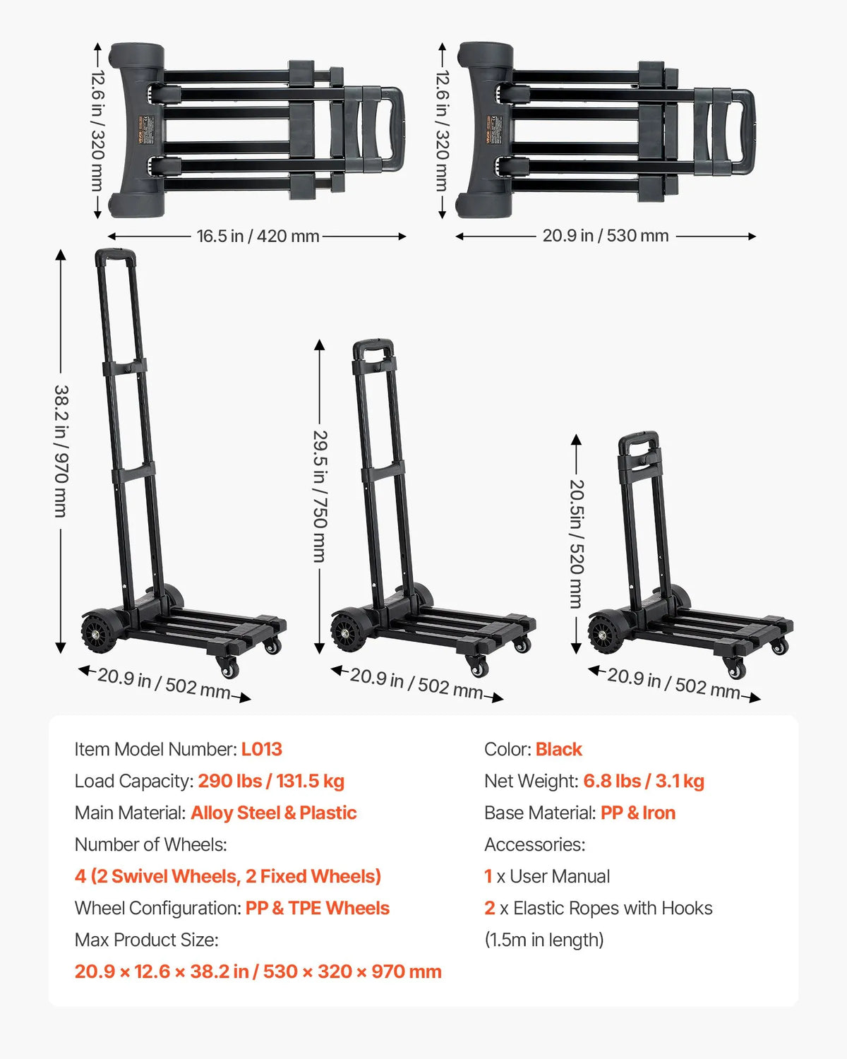 Folding Hand Truck, 131.5 kg Load Capacity, 4 Wheels, 2 Elastic Straps and Expandable Base, Universal Platform for Luggage, Office Moving and Airport Travel, Black