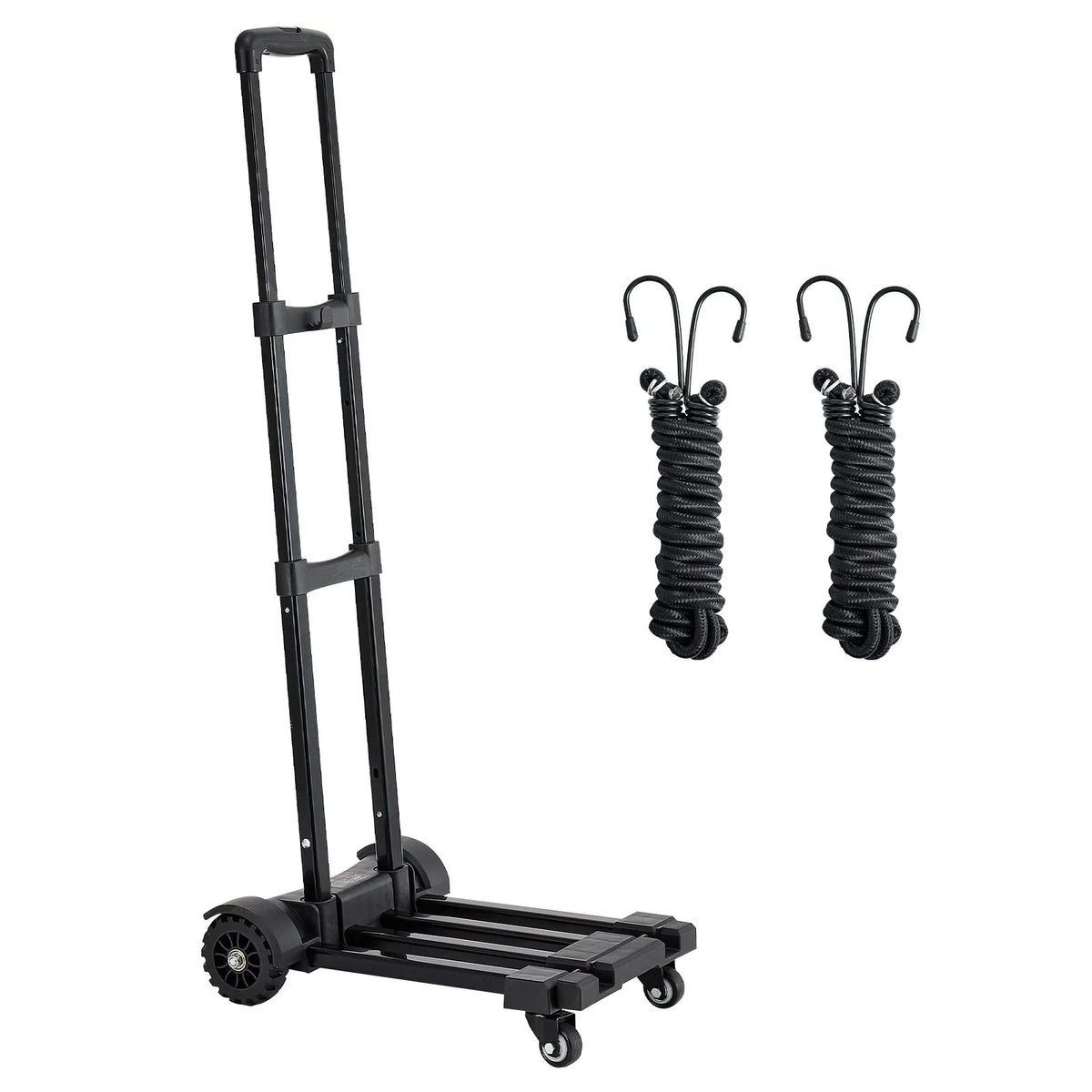 Folding Hand Truck, 131.5 kg Load Capacity, 4 Wheels, 2 Elastic Straps and Expandable Base, Universal Platform for Luggage, Office Moving and Airport Travel, Black