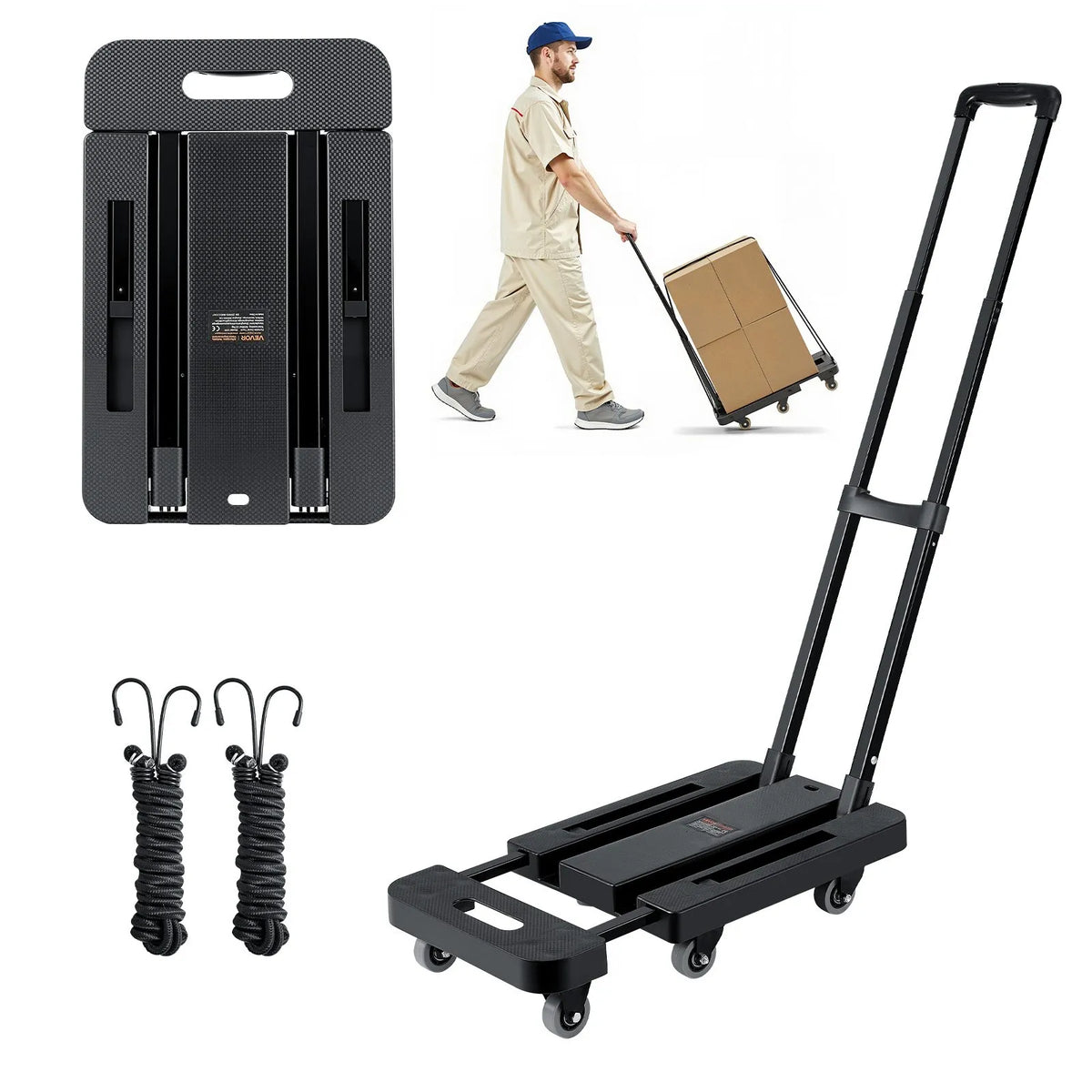 Folding Hand Truck, 226.8 kg Load Capacity, 6 Wheels, 2 Elastic Straps and Expandable Base, Black
