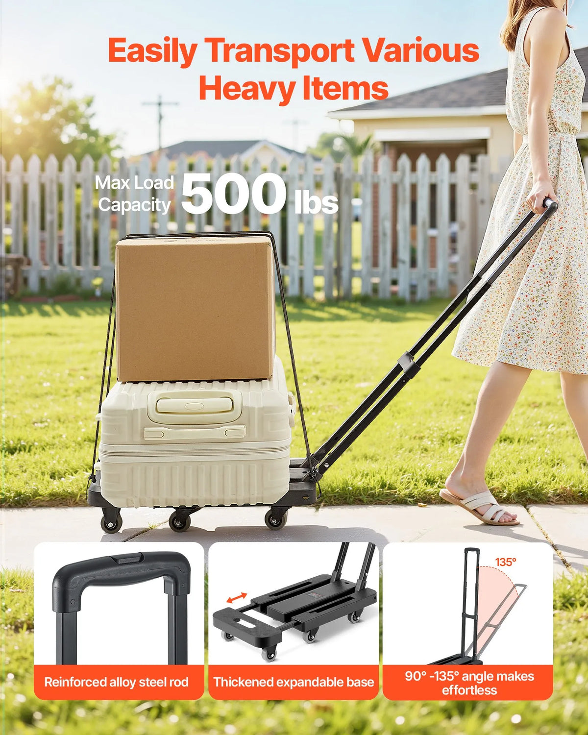 Folding Hand Truck, 226.8 kg Load Capacity, 6 Wheels, 2 Elastic Straps and Expandable Base, Black