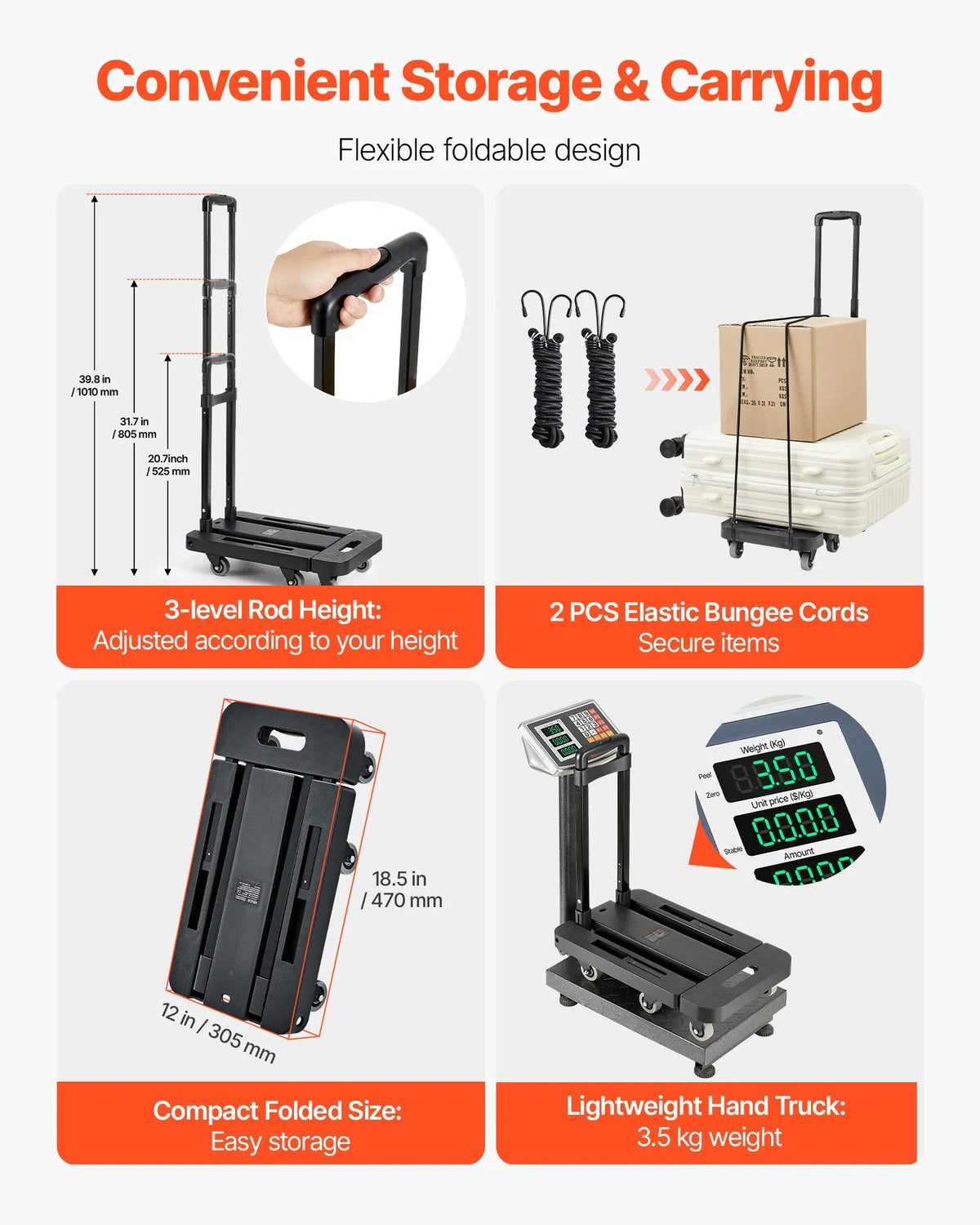 Folding Hand Truck, 226.8 kg Load Capacity, 6 Wheels, 2 Elastic Straps and Expandable Base, Black