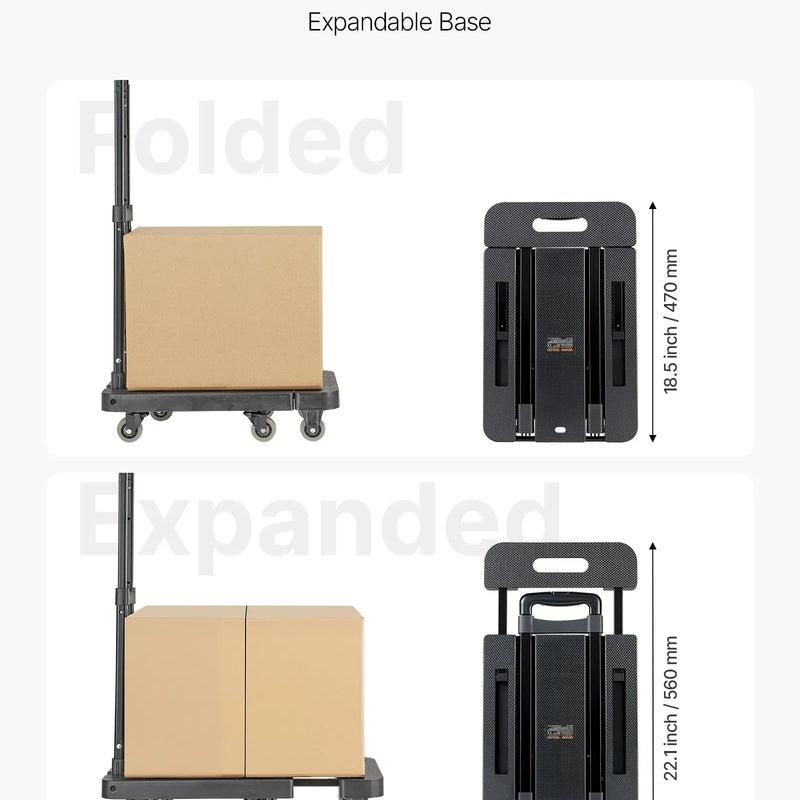 Saliekamais rokas ratiņš, 226,8 kg kravnesība, ar 6 riteņiem, 2 elastīgām siksnām un paplašināmu pamatni, melns