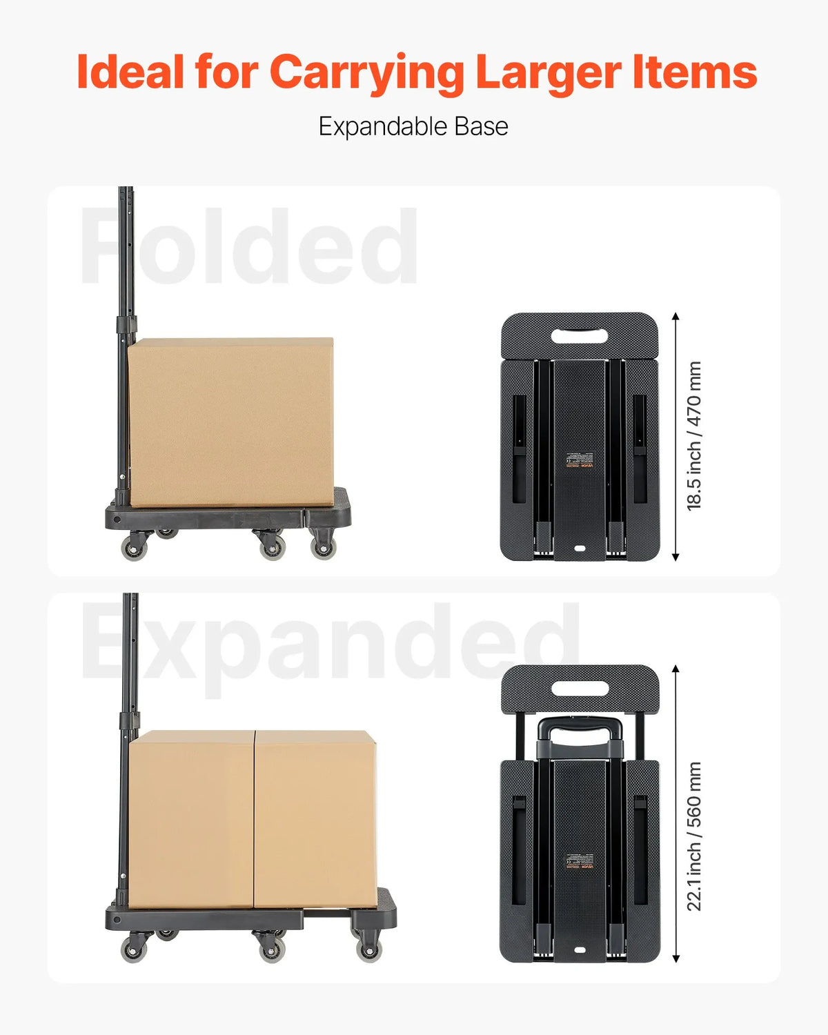 Folding Hand Truck, 226.8 kg Load Capacity, 6 Wheels, 2 Elastic Straps and Expandable Base, Black