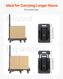 Saliekamais rokas ratiņš, 226,8 kg kravnesība, ar 6 riteņiem, 2 elastīgām siksnām un paplašināmu pamatni, melns