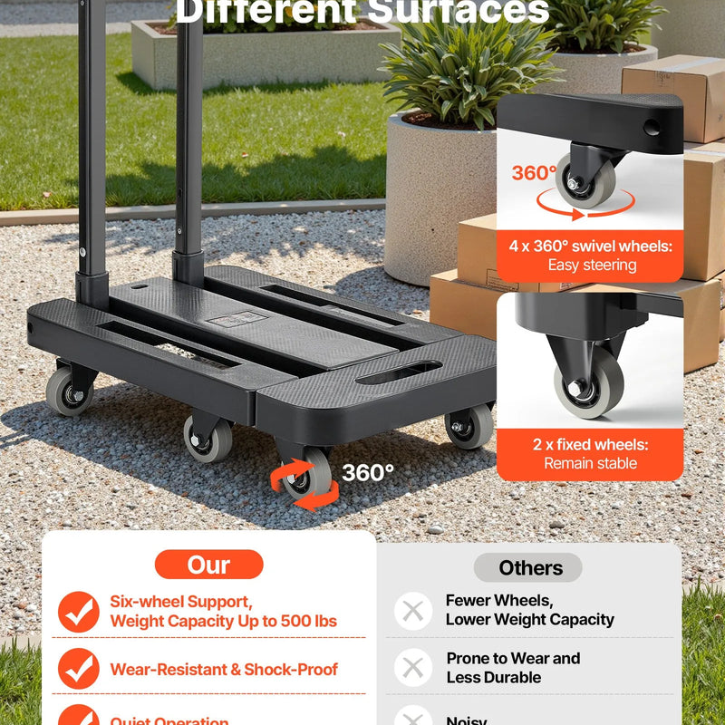 Saliekamais rokas ratiņš, 226,8 kg kravnesība, ar 6 riteņiem, 2 elastīgām siksnām un paplašināmu pamatni, melns