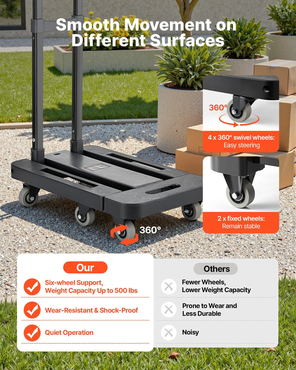 Folding Hand Truck, 226.8 kg Load Capacity, 6 Wheels, 2 Elastic Straps and Expandable Base, Black