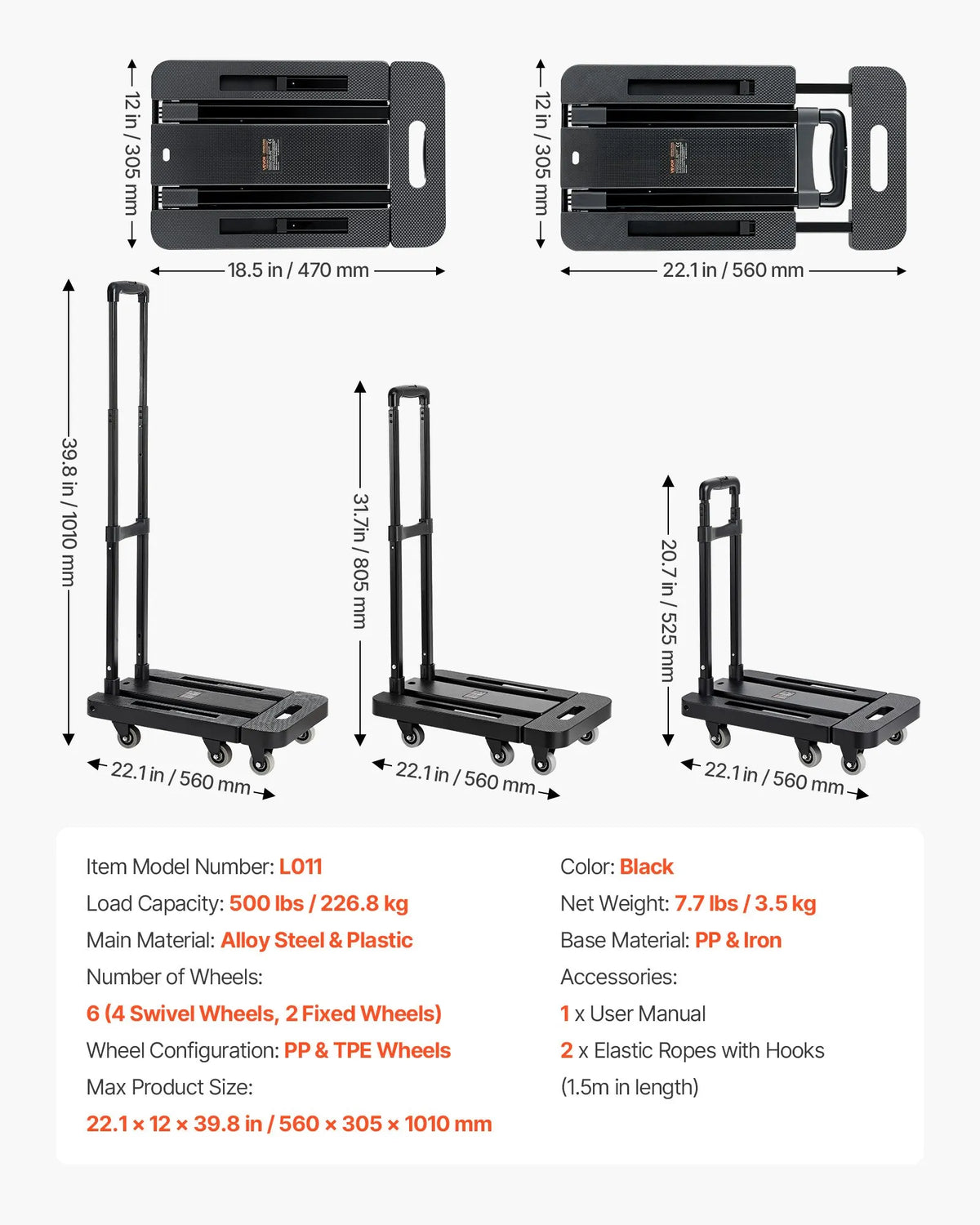 Folding Hand Truck, 226.8 kg Load Capacity, 6 Wheels, 2 Elastic Straps and Expandable Base, Black
