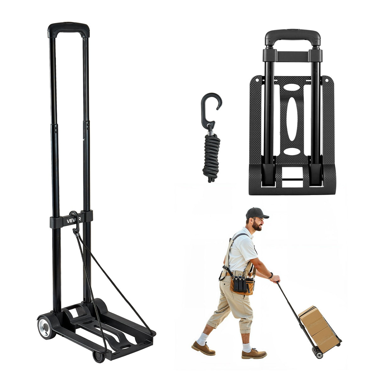 Folding Hand Truck, 49.9 kg Load Capacity, with 2 Wheels and 1 Elastic Strap, Universal Platform for Luggage, Furniture and Office Moving, Airport Travel, Black