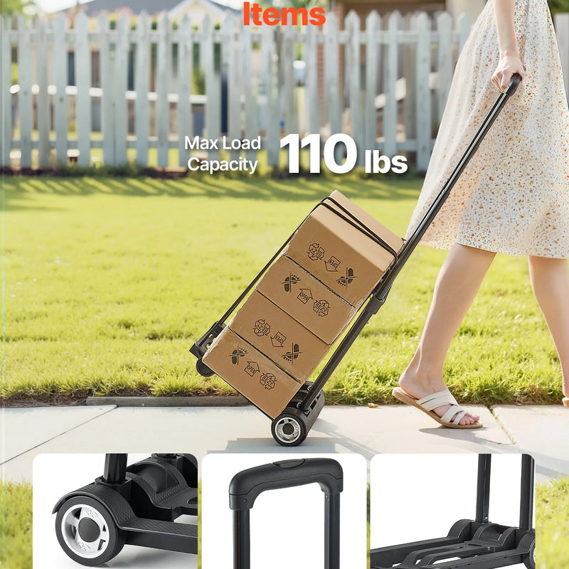 Saliekamais rokas ratiņš, 49,9 kg kravnesība, ar 2 riteņiem un 1 elastīgo siksnu, universāla platforma bagāžai, mēbelēm un biroja pārvietošanai, ceļošanai lidostā, melns