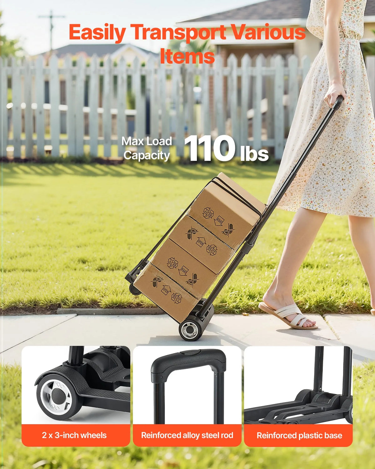 Folding Hand Truck, 49.9 kg Load Capacity, with 2 Wheels and 1 Elastic Strap, Universal Platform for Luggage, Furniture and Office Moving, Airport Travel, Black