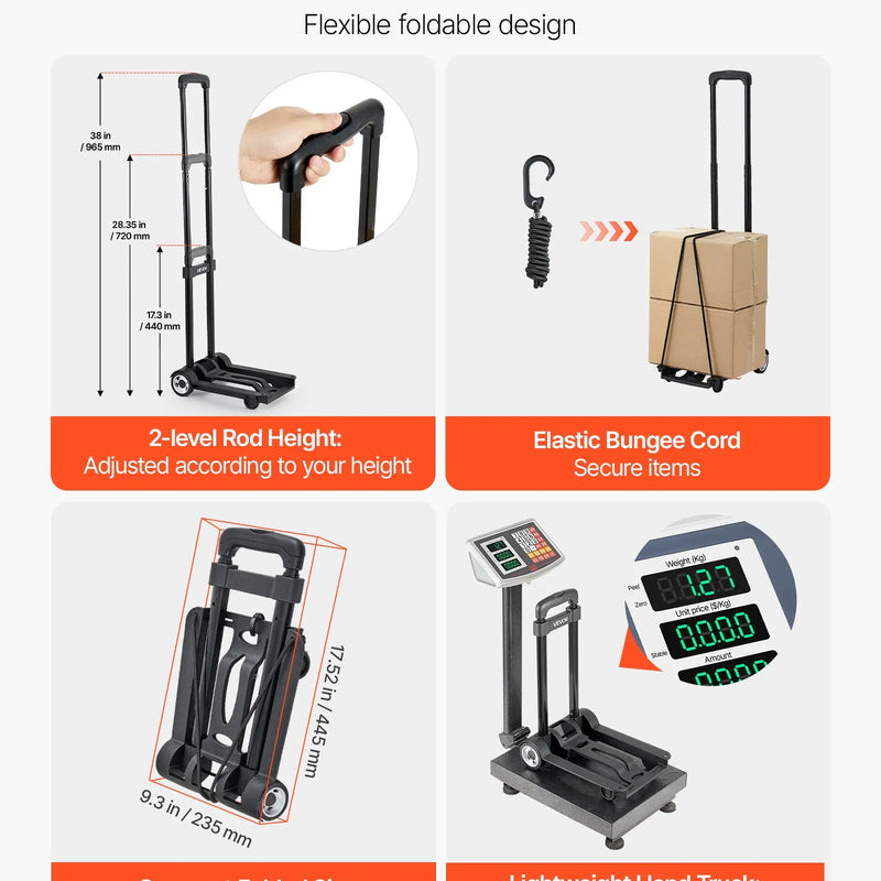 Saliekamais rokas ratiņš, 49,9 kg kravnesība, ar 2 riteņiem un 1 elastīgo siksnu, universāla platforma bagāžai, mēbelēm un biroja pārvietošanai, ceļošanai lidostā, melns