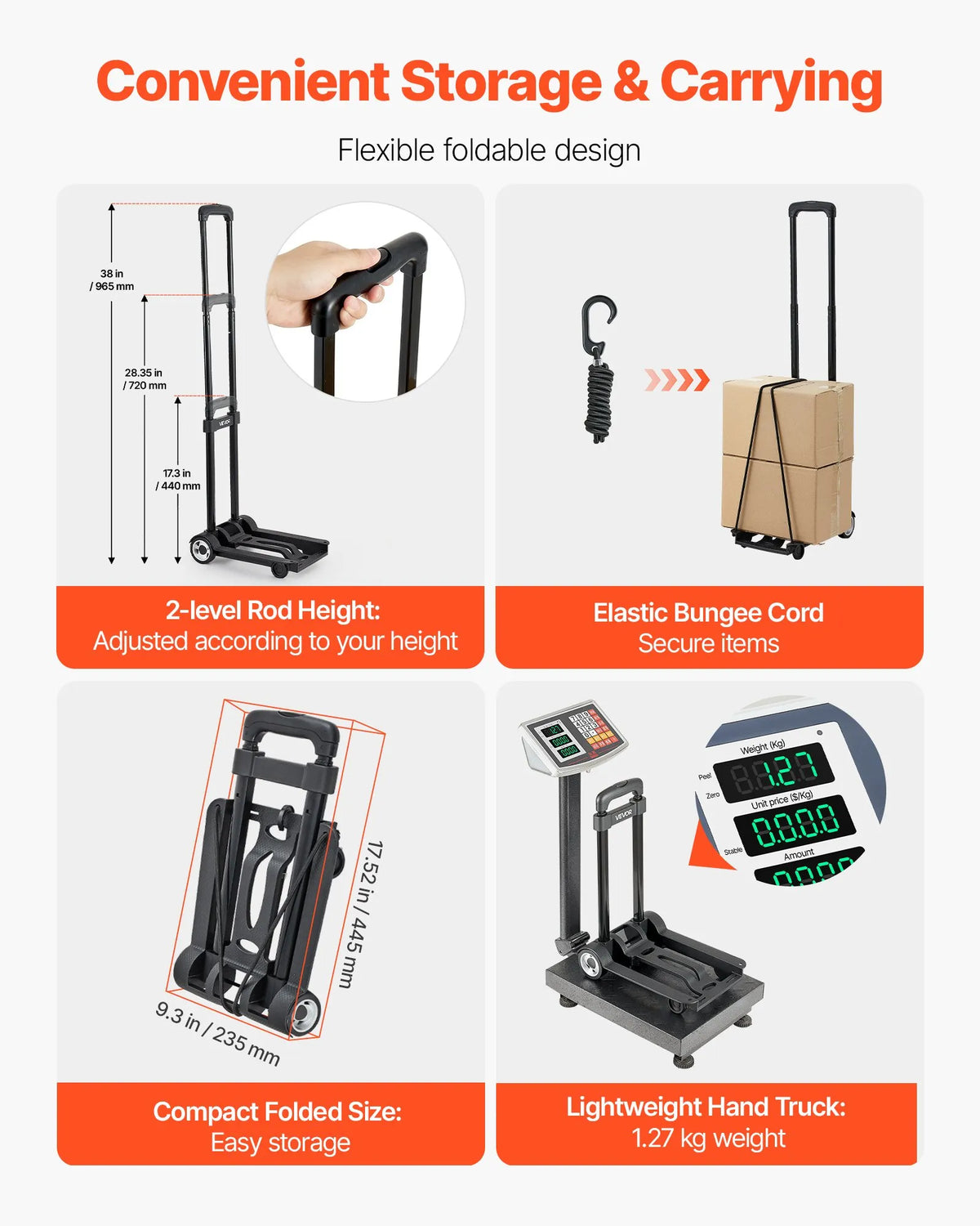 Folding Hand Truck, 49.9 kg Load Capacity, with 2 Wheels and 1 Elastic Strap, Universal Platform for Luggage, Furniture and Office Moving, Airport Travel, Black