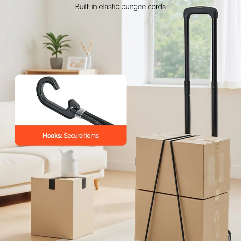 Saliekamais rokas ratiņš, 49,9 kg kravnesība, ar 2 riteņiem un 1 elastīgo siksnu, universāla platforma bagāžai, mēbelēm un biroja pārvietošanai, ceļošanai lidostā, melns