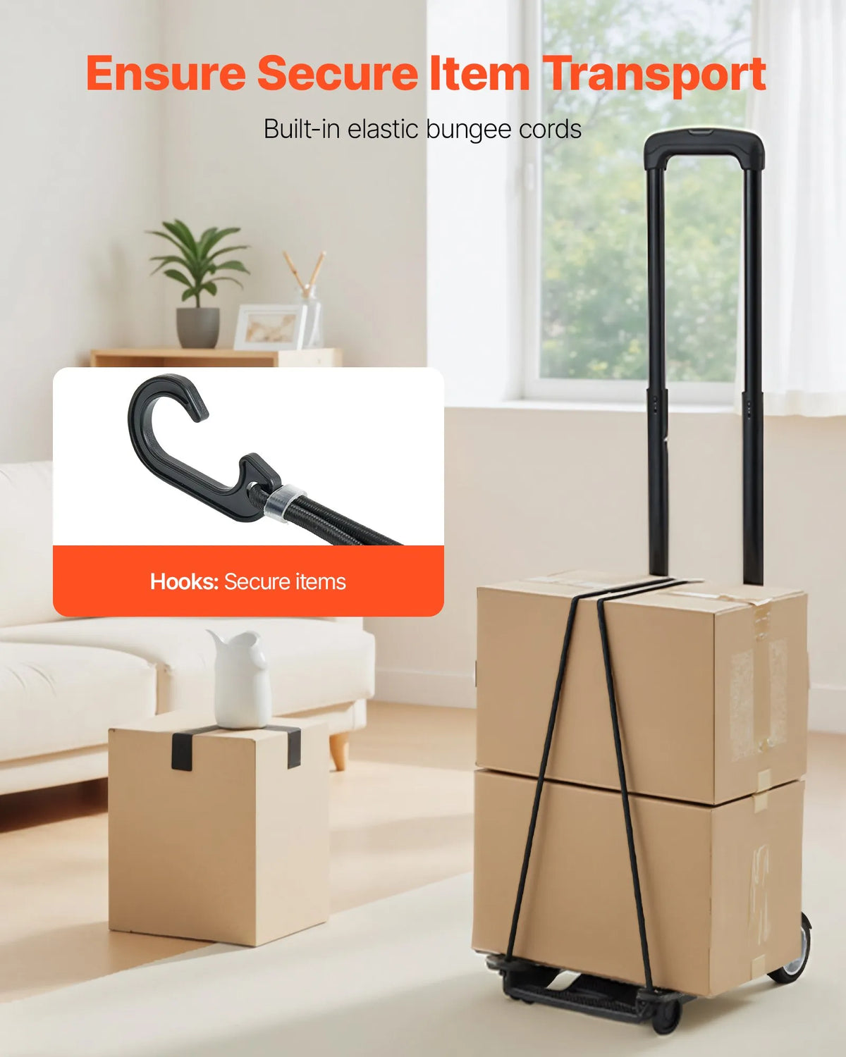 Folding Hand Truck, 49.9 kg Load Capacity, with 2 Wheels and 1 Elastic Strap, Universal Platform for Luggage, Furniture and Office Moving, Airport Travel, Black