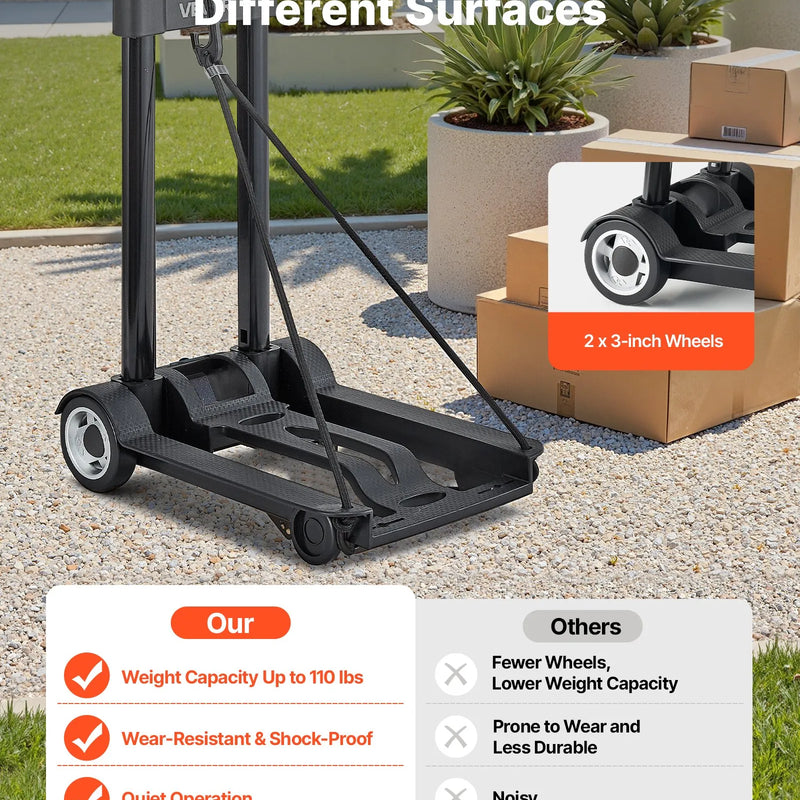 Saliekamais rokas ratiņš, 49,9 kg kravnesība, ar 2 riteņiem un 1 elastīgo siksnu, universāla platforma bagāžai, mēbelēm un biroja pārvietošanai, ceļošanai lidostā, melns