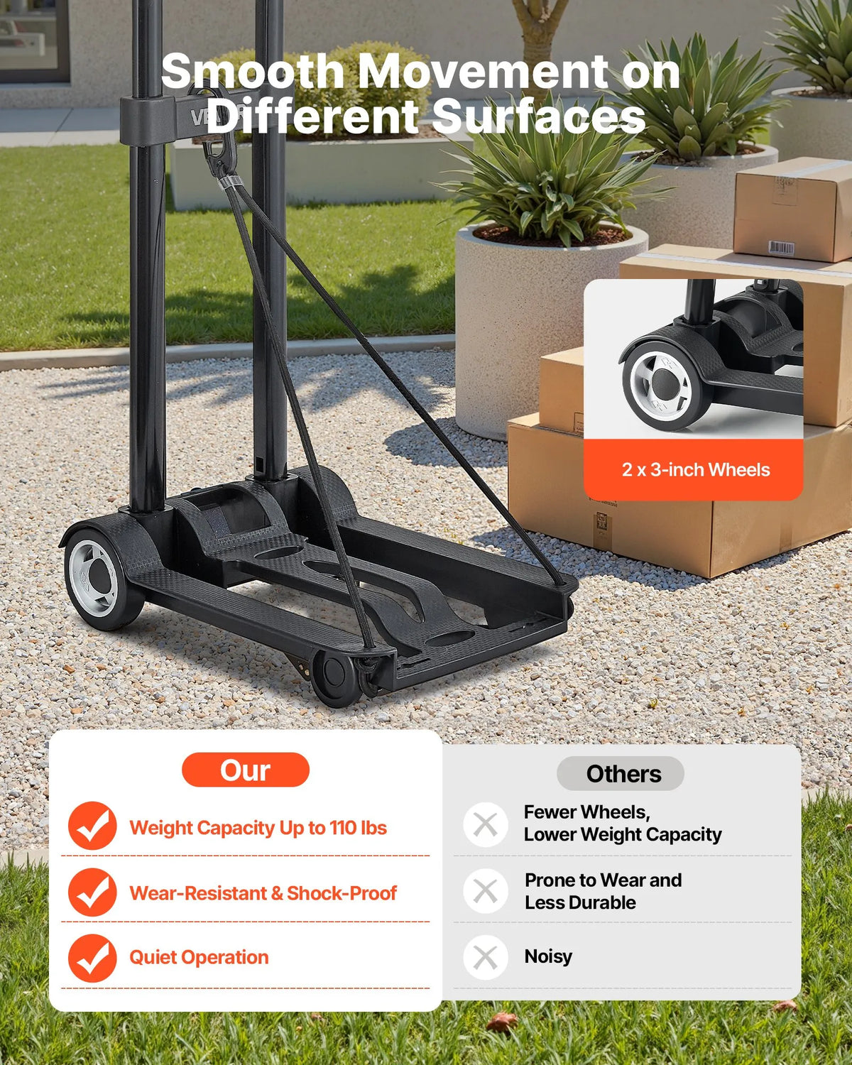 Folding Hand Truck, 49.9 kg Load Capacity, with 2 Wheels and 1 Elastic Strap, Universal Platform for Luggage, Furniture and Office Moving, Airport Travel, Black