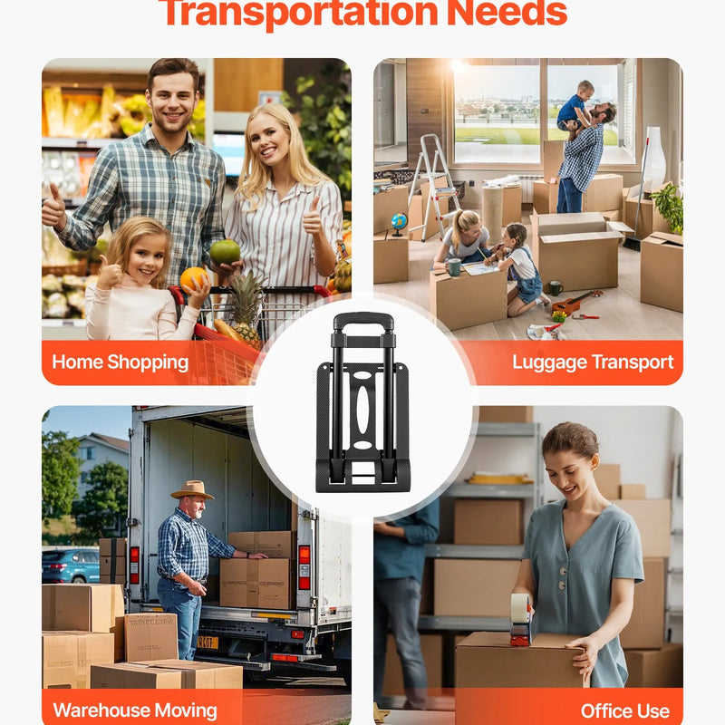 Saliekamais rokas ratiņš, 49,9 kg kravnesība, ar 2 riteņiem un 1 elastīgo siksnu, universāla platforma bagāžai, mēbelēm un biroja pārvietošanai, ceļošanai lidostā, melns