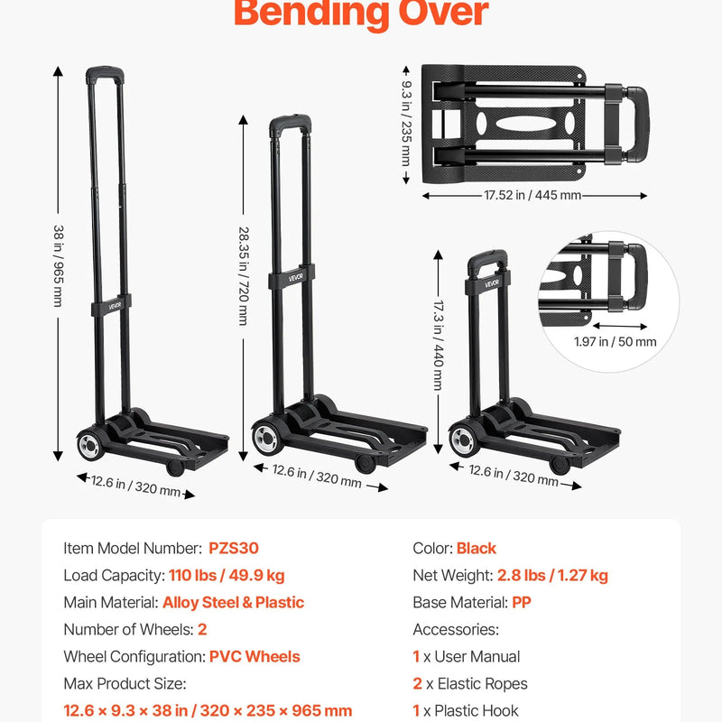 Saliekamais rokas ratiņš, 49,9 kg kravnesība, ar 2 riteņiem un 1 elastīgo siksnu, universāla platforma bagāžai, mēbelēm un biroja pārvietošanai, ceļošanai lidostā, melns