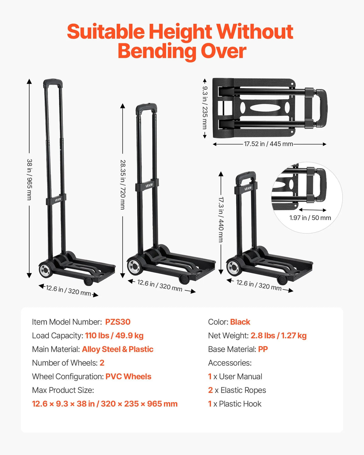Folding Hand Truck, 49.9 kg Load Capacity, with 2 Wheels and 1 Elastic Strap, Universal Platform for Luggage, Furniture and Office Moving, Airport Travel, Black