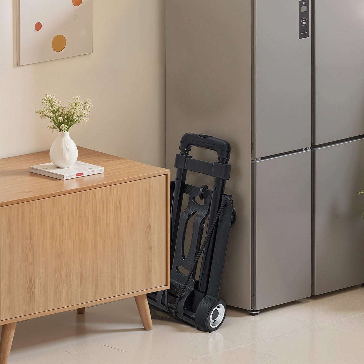 Folding Hand Truck, 49.9 kg Load Capacity, with 2 Wheels and 1 Elastic Strap, Universal Platform for Luggage, Furniture and Office Moving, Airport Travel, Black