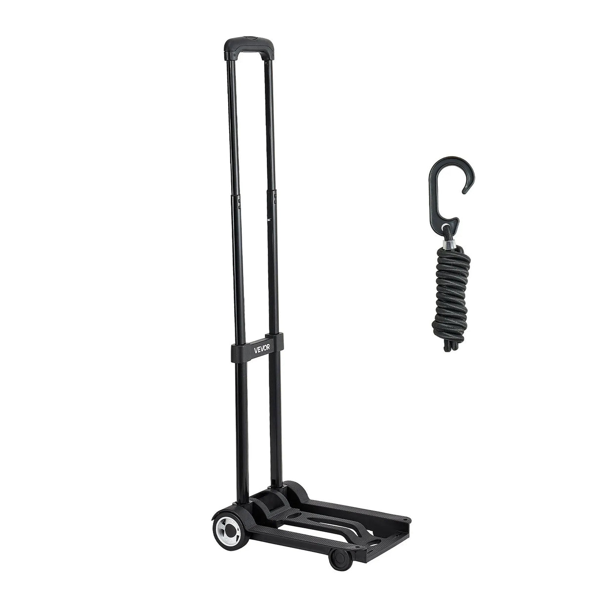 Folding Hand Truck, 49.9 kg Load Capacity, with 2 Wheels and 1 Elastic Strap, Universal Platform for Luggage, Furniture and Office Moving, Airport Travel, Black