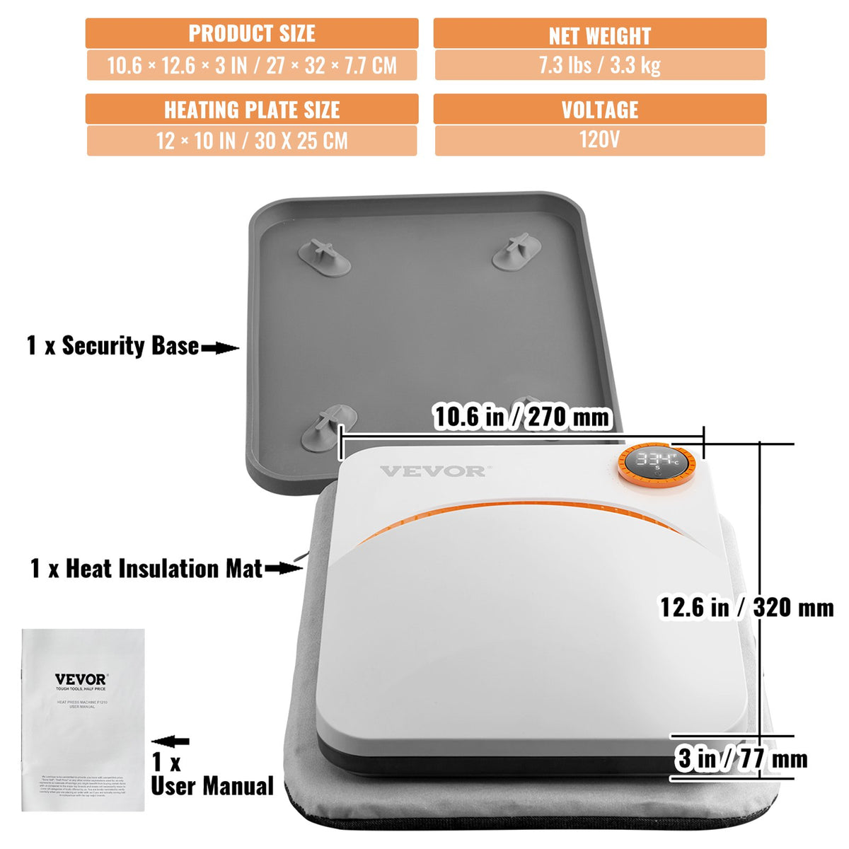 VEVOR Portable Lightweight Heat Press 30 × 25 cm, for T-Shirts
