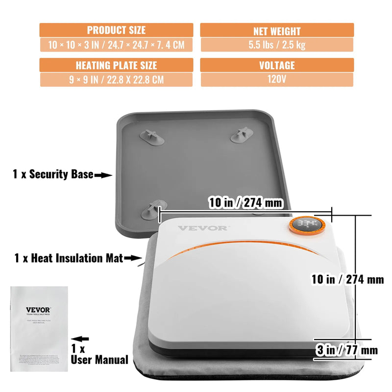 VEVOR pārnēsājama termoprese 229 x 229 mm sublimācijas pārnesei un DIY T - kreklu apdrukai - ZEMLETES.LV
