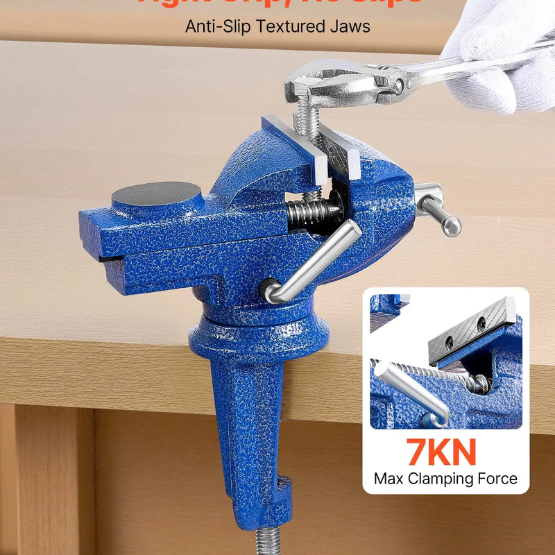 VEVOR darbagalda skrūvspīles 76,2 mm ar 360° rotējošu pamatni, ātrās fiksācijas mehānismu un paaugstinātu čuguna korpusu, piemērotas kokapstrādei, metālapstrādei, urbšanai un griešanai