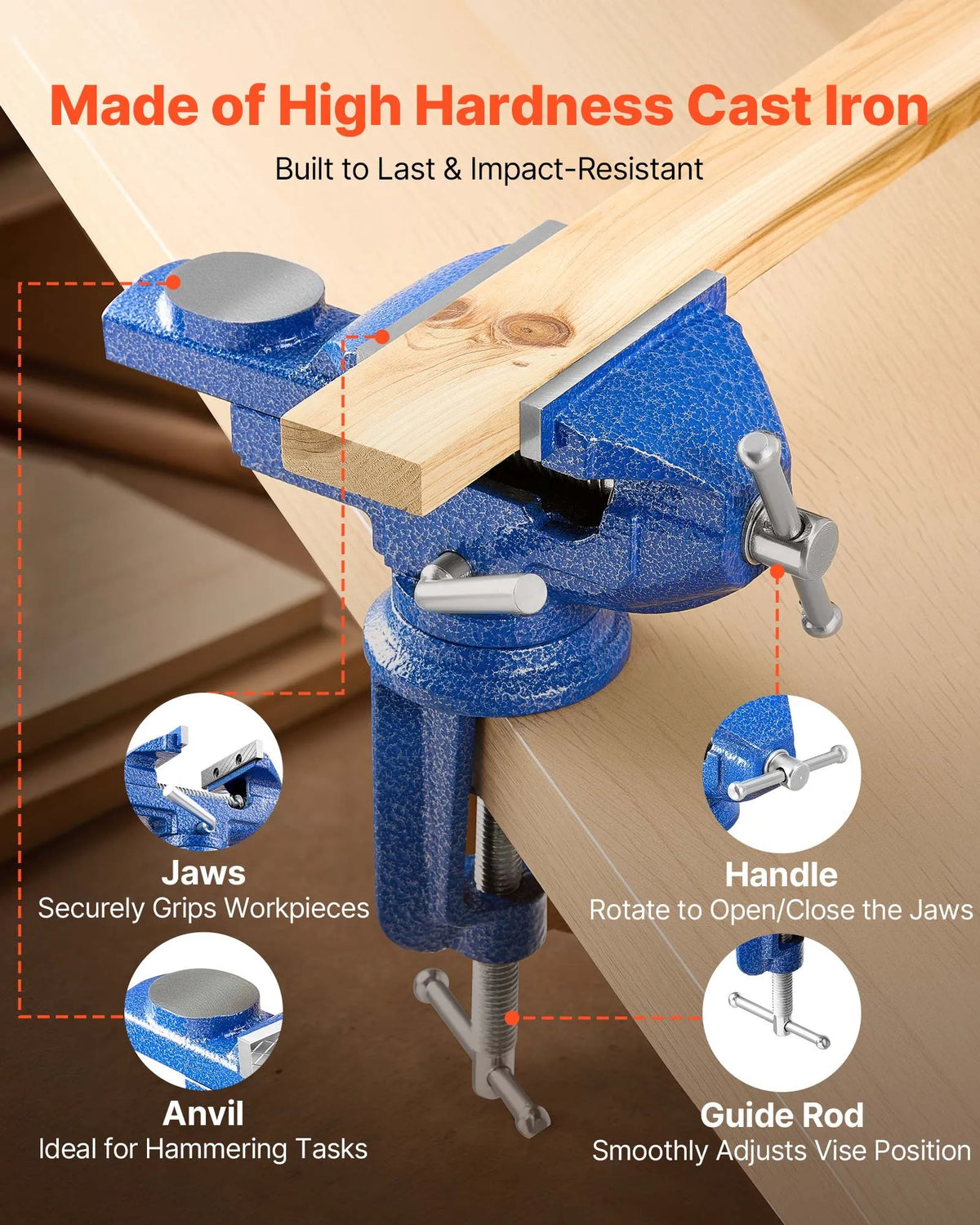 VEVOR Bench Vise 76 mm with 360° Rotating Base and Quick Clamp, Cast Iron
