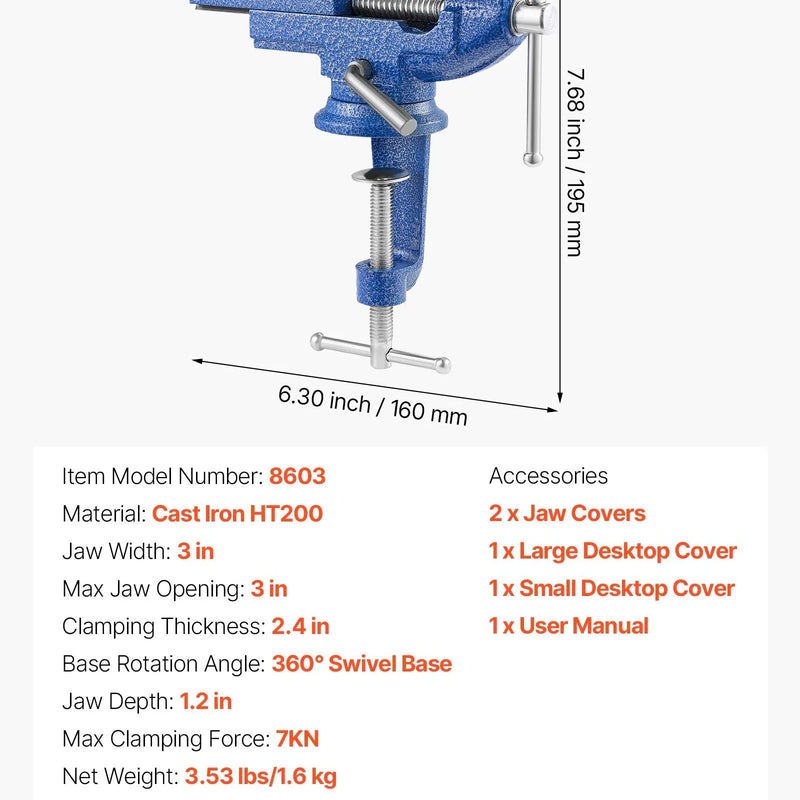 VEVOR darbagalda skrūvspīles 76,2 mm ar 360° rotējošu pamatni, ātrās fiksācijas mehānismu un paaugstinātu čuguna korpusu, piemērotas kokapstrādei, metālapstrādei, urbšanai un griešanai