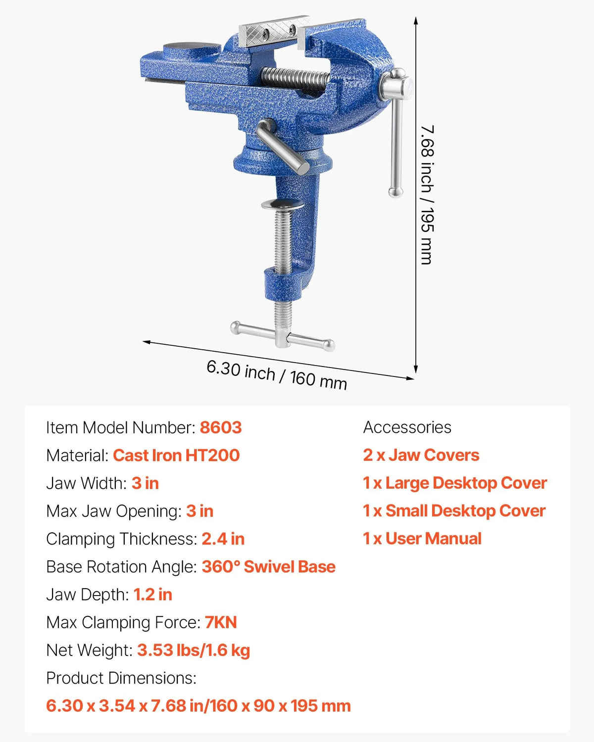 VEVOR Bench Vise 76 mm with 360° Rotating Base and Quick Clamp, Cast Iron